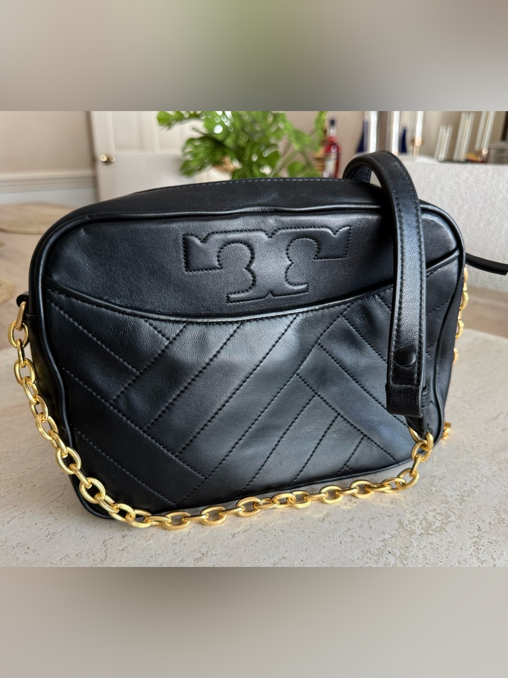 Tory Burch Black Quilted Leather Shoulder Bag with Gold Chain Accent